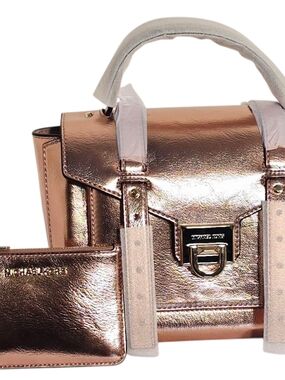 Michael Kors ManhattanMD School Satchel Primrose Rose Gold + Coin Pouch Set NWT